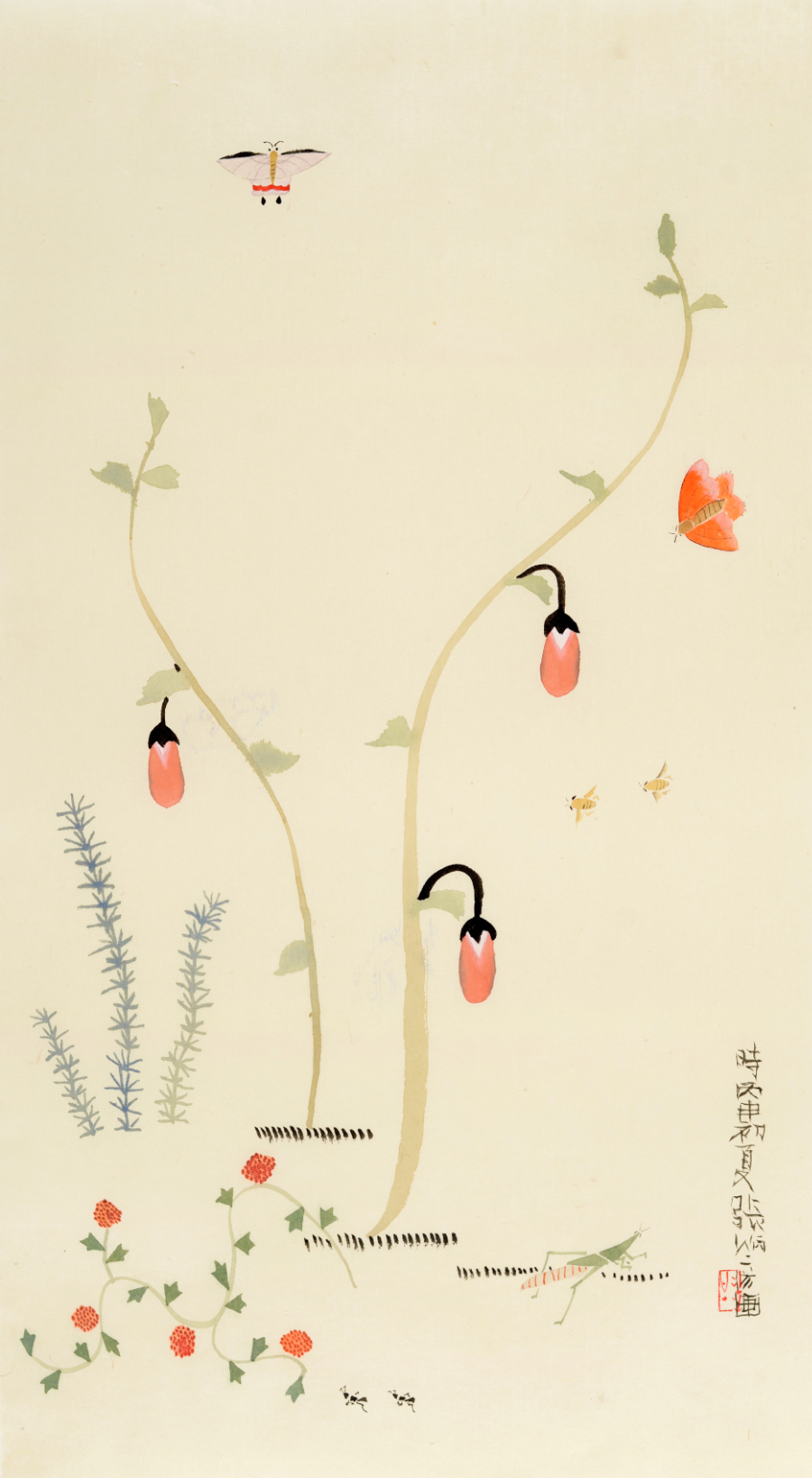 Insects and Plants, after Shin Saimdang, 2016, ink_and_light_color_on_paper, 73x40cm — Jang Byeong Eun (Eastbrush, 張炳彥), stage_3_interpreted_painting, after:Cho-chung-do, process_chain_id:SSR2016