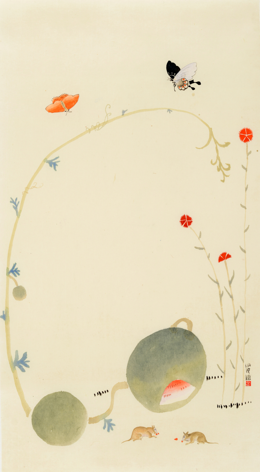 Insects and Plants, after Shin Saimdang, 2016, ink_and_light_color_on_paper, 73x40cm — Jang Byeong Eun (Eastbrush, 張炳彥), stage_3_interpreted_painting, after:Cho-chung-do, process_chain_id:SSR2016