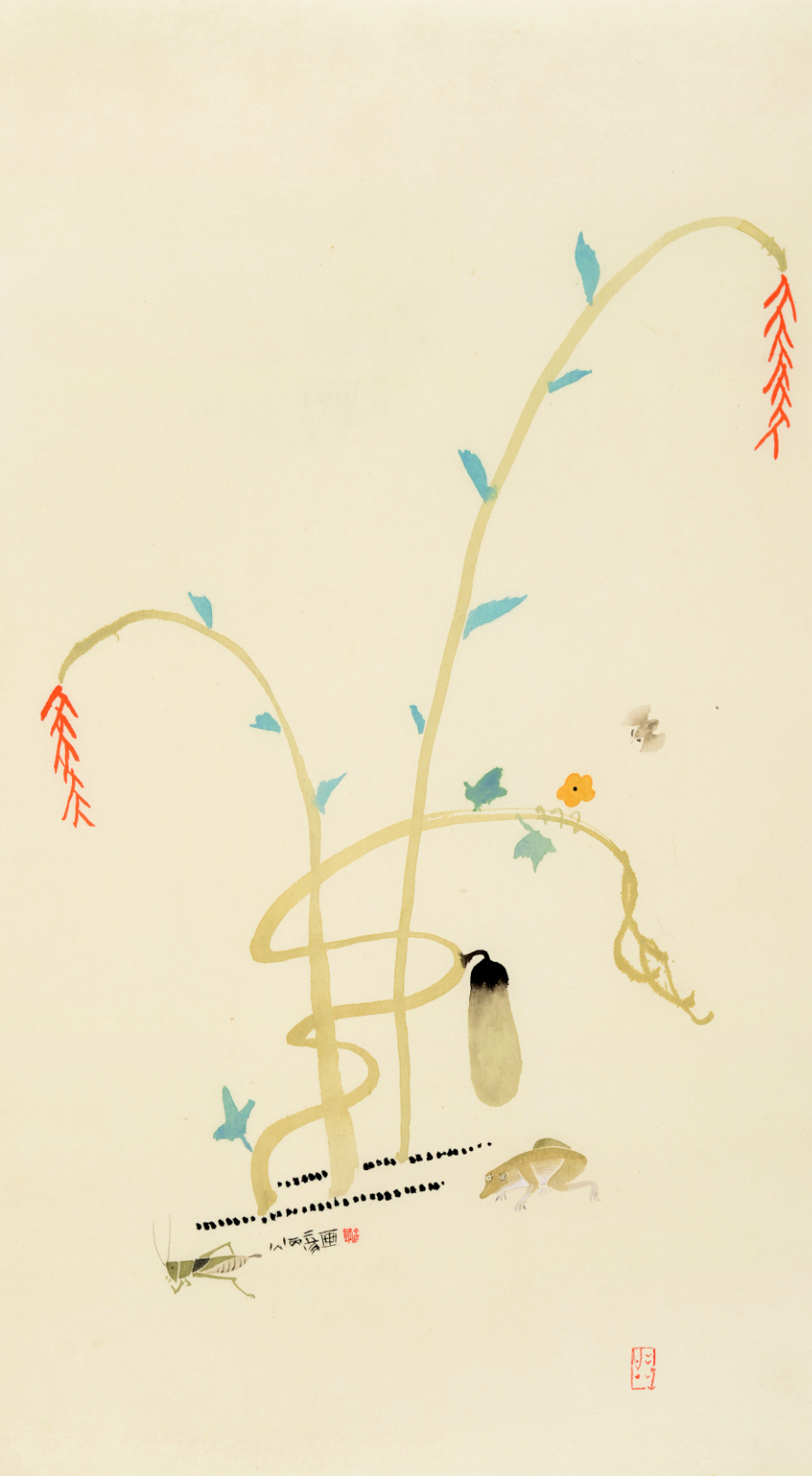 Insects and Plants, after Shin Saimdang, 2016, ink_and_light_color_on_paper, 73x40cm — Jang Byeong Eun (Eastbrush, 張炳彥), stage_3_interpreted_painting, after:Cho-chung-do, process_chain_id:SSR2016