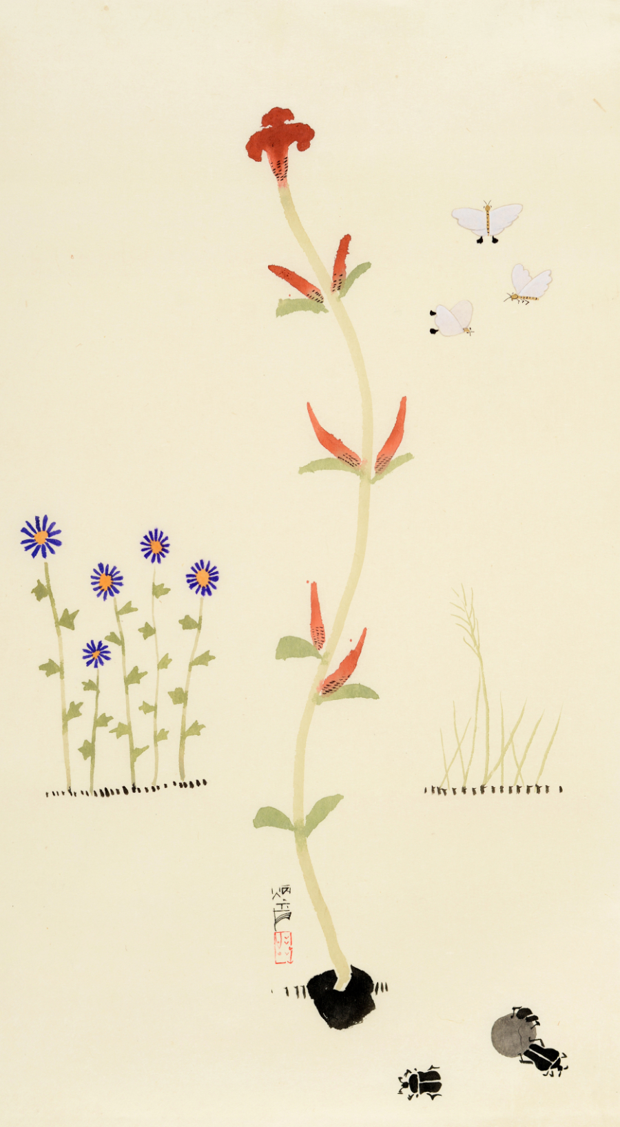 Insects and Plants, after Shin Saimdang, 2016, ink_and_light_color_on_paper, 73x40cm — Jang Byeong Eun (Eastbrush, 張炳彥), stage_3_interpreted_painting, after:Cho-chung-do, process_chain_id:SSR2016