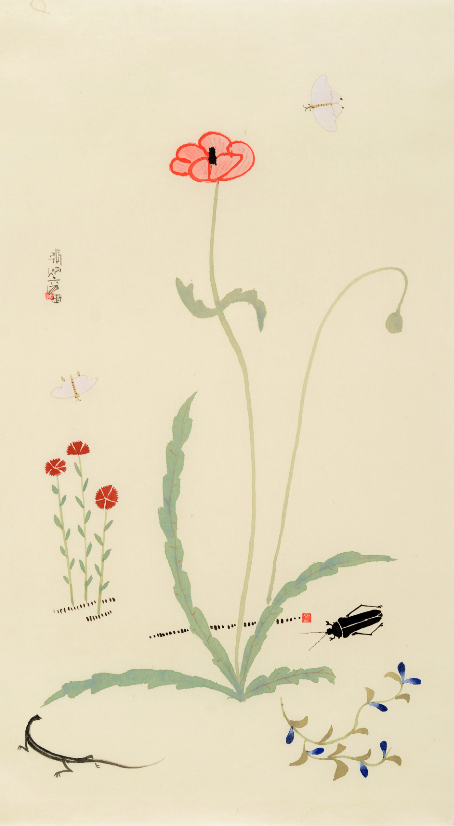 Insects and Plants, after Shin Saimdang, 2016, ink_and_light_color_on_paper, 73x40cm — Jang Byeong Eun (Eastbrush, 張炳彥), stage_3_interpreted_painting, after:Cho-chung-do, process_chain_id:SSR2016