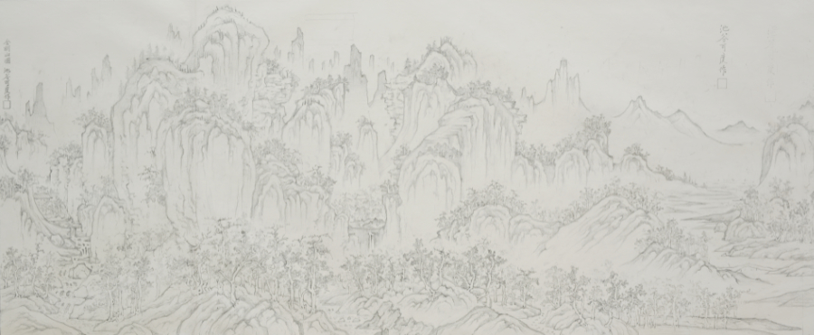 Preparatory Drawing for An Gyeon-Style Geumgangsan Landscape, 2015, preparatory_drawing_forgery_version_setup, pencil_on_paper, 50.0x122.0cm — 장병언/Jang Byeong Eun/張炳彥/Eastbrush, forgery_version_setup